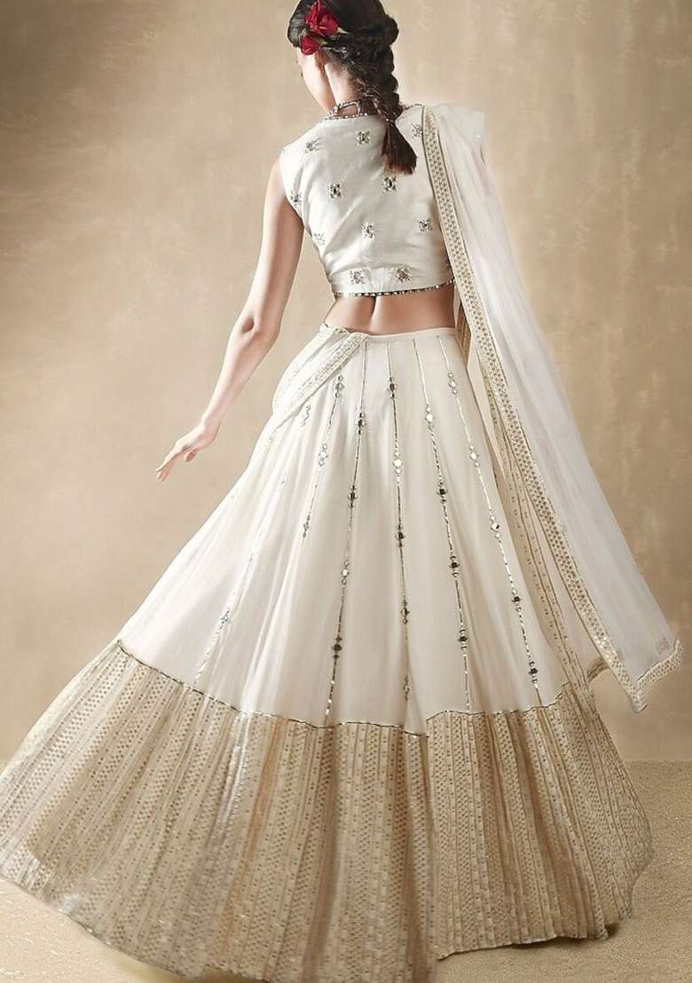 White Georgette Lehenga Set with Embroidery for Diwali | Wedding & Festive Wear - Indya