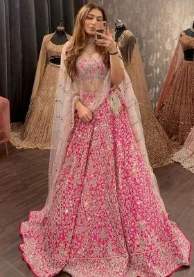 Pink Embroidery Silk Blend Lehenga Set