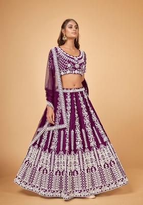 Purple Embroidery Silk Blend Lehenga Set