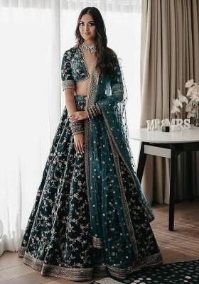 Green Embroidery Velvet Lehenga Set