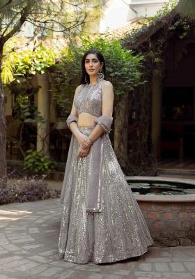 Grey Embroidery Georgette Lehenga Set
