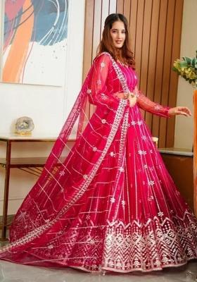 Pink Embroidery Net Lehenga Set
