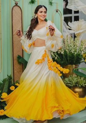 Yellow Printed Organza Lehenga Set