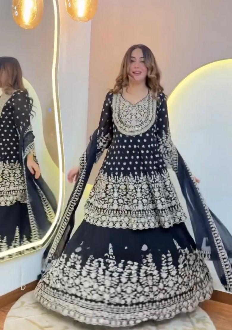 Black Printed Georgette Lehenga Set - Indya