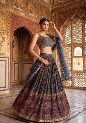 Blue Embroidered Silk Lehenga Set