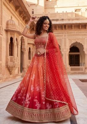 Orange Embroidered Silk Lehenga Set