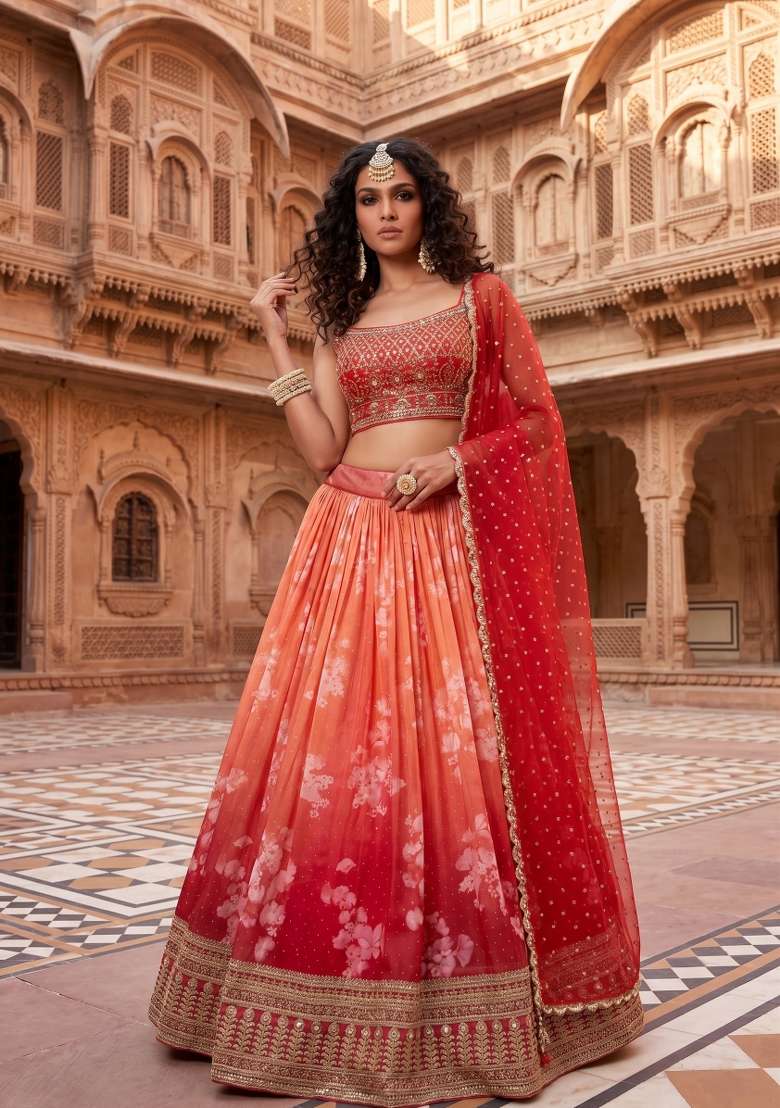 Orange Embroidered Silk Blend Lehenga Set for Diwali and Festive Wear - Indya