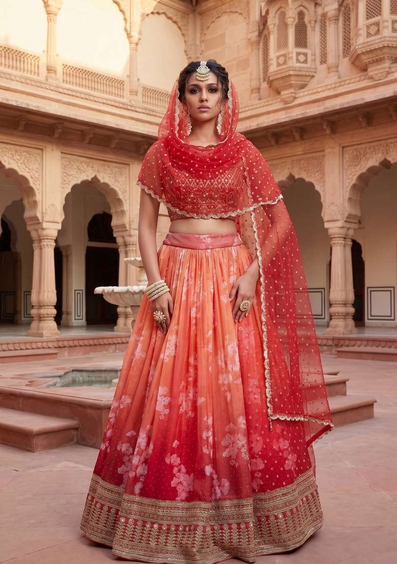 Orange Embroidered Silk Blend Lehenga Set for Diwali and Festive Wear - Indya