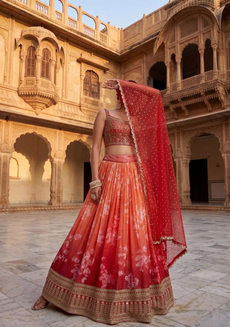 Orange Embroidered Silk Blend Lehenga Set for Diwali and Festive Wear - Indya