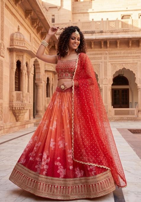 Orange Embroidered Silk Lehenga Set
