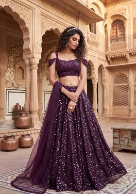 Purple Embroidered Net Lehenga Set
