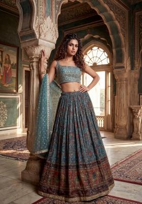 Sky Blue Embroidered Silk Lehenga Set