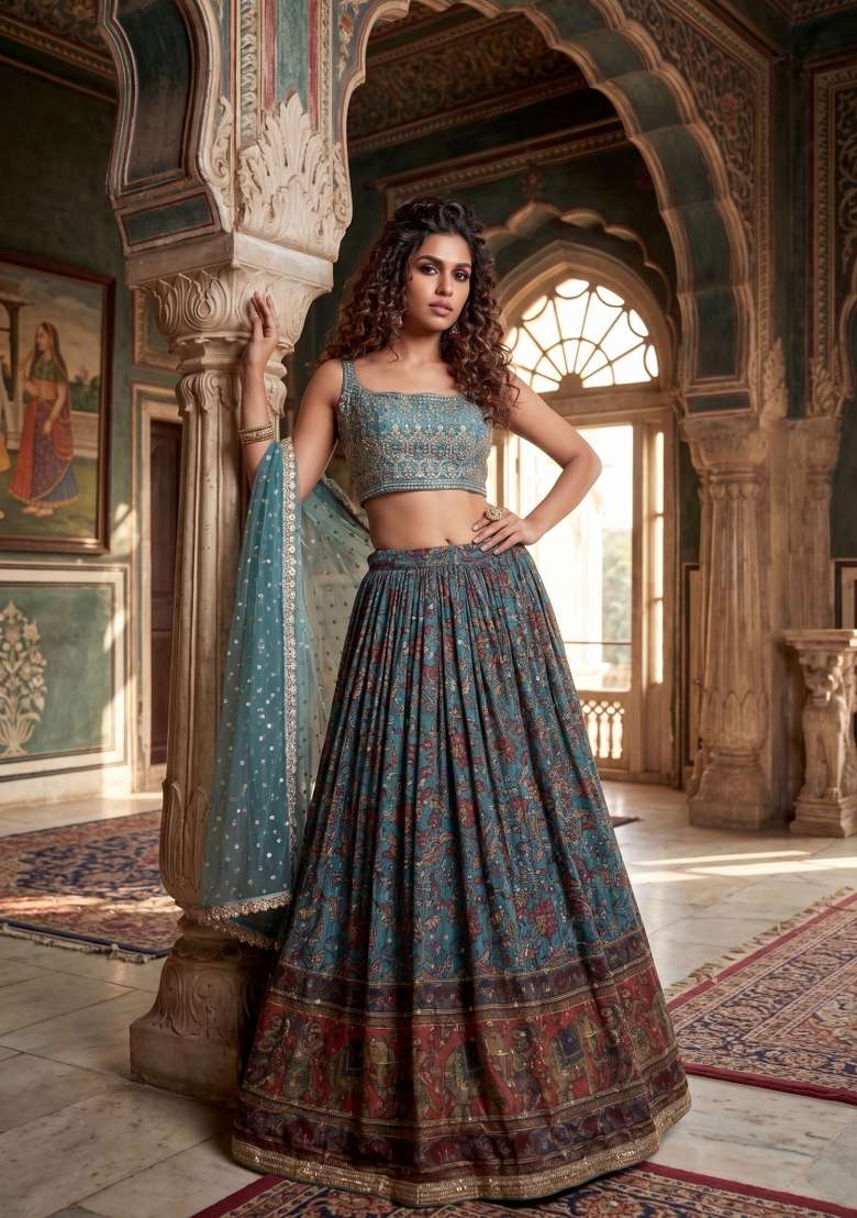 Sky Blue Embroidered Silk Blend Lehenga Set for Diwali and Festive Wear - Indya