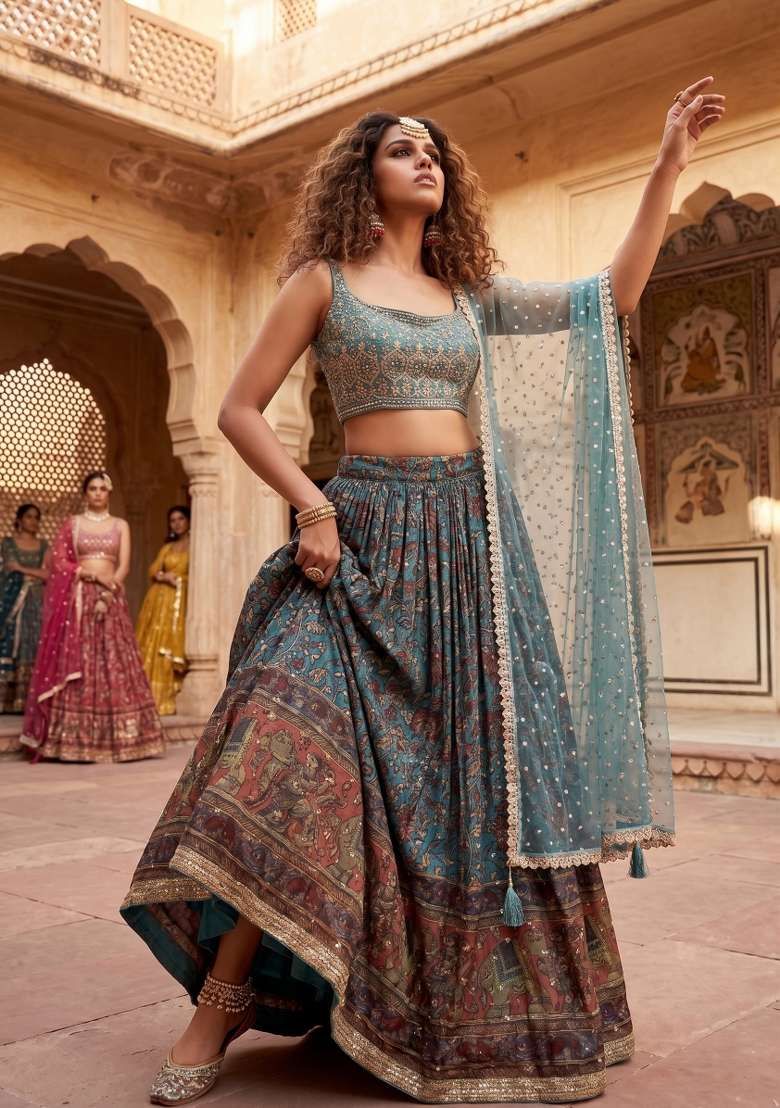 Sky Blue Embroidered Silk Blend Lehenga Set for Diwali and Festive Wear - Indya
