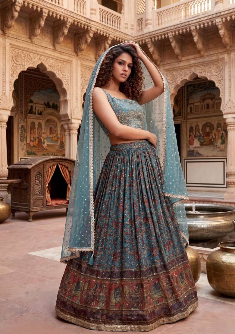 Sky Blue Embroidered Silk Blend Lehenga Set for Diwali and Festive Wear - Indya
