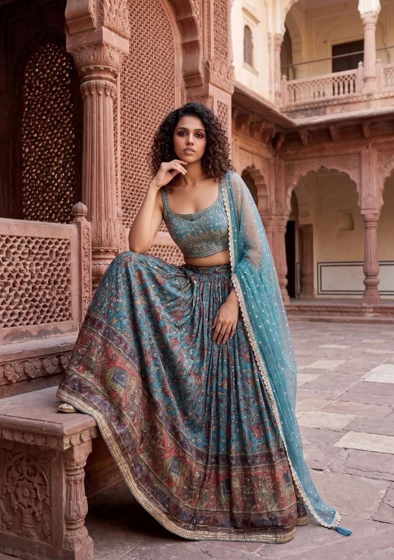 Sky Blue Embroidered Silk Blend Lehenga Set for Diwali and Festive Wear - Indya