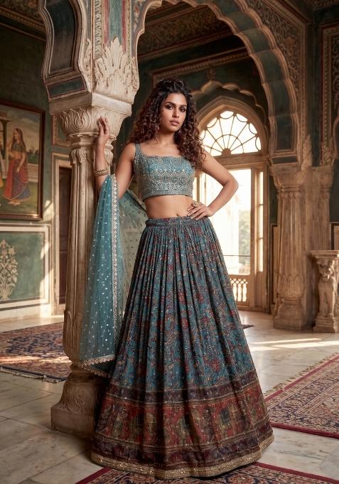 Sky Blue Embroidered Silk Lehenga Set