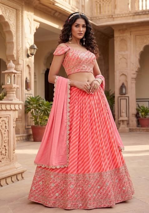 Peach Embroidered Silk Lehenga Set