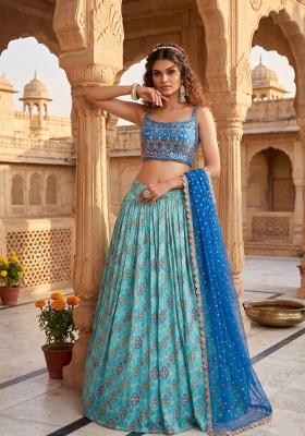 Sky Blue Embroidered Silk Lehenga Set