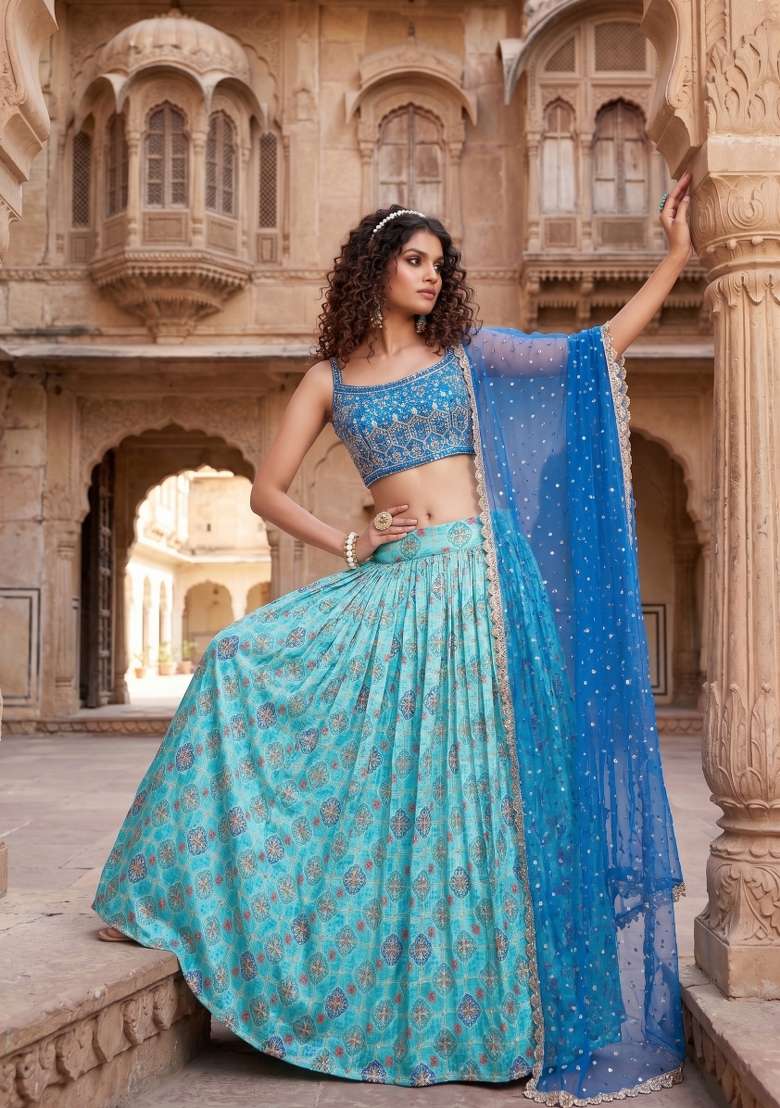 Sky Blue Embroidered Silk Blend Lehenga Set for Diwali and Festive Wear - Indya