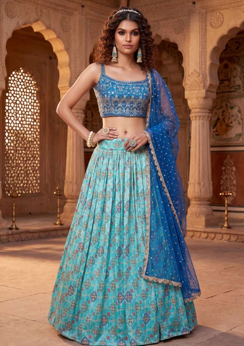 Sky Blue Embroidered Silk Blend Lehenga Set for Diwali and Festive Wear - Indya