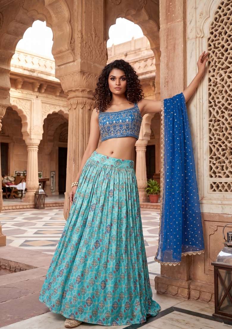 Sky Blue Embroidered Silk Blend Lehenga Set for Diwali and Festive Wear - Indya
