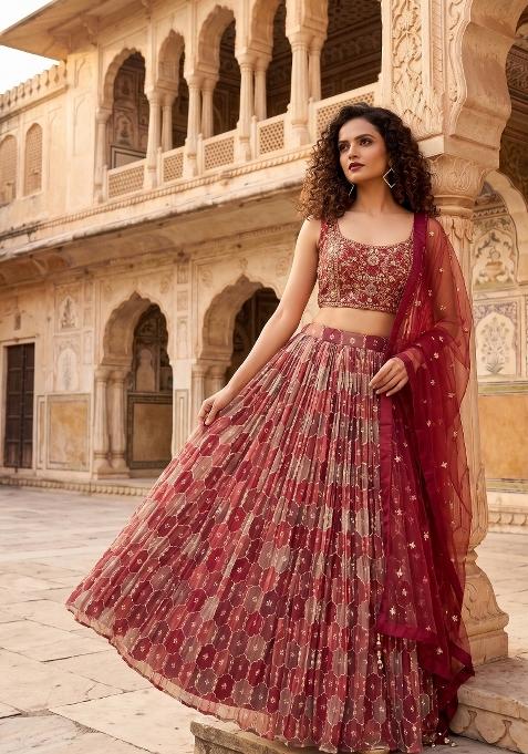 Brown Embroidered Organza Lehenga Set