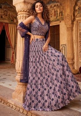 Blue Embroidered Chinon Lehenga Set