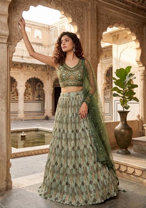 Green Embroidered Chinon Lehenga Set