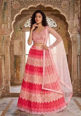 Pink Embroidered Chinon Lehenga Set