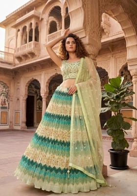 Green Embroidered Chinon Lehenga Set
