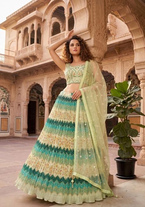 Green Embroidered Chinon Lehenga Set
