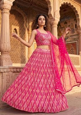 Pink Embroidered Chinon Lehenga Set