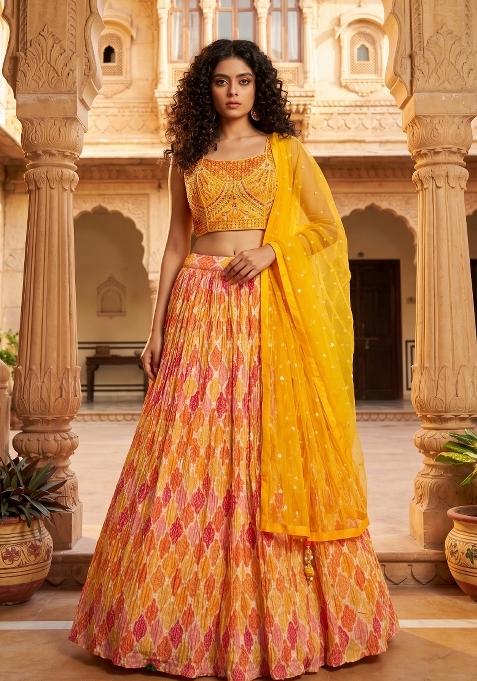 Yellow Embroidered Chinon Lehenga Set