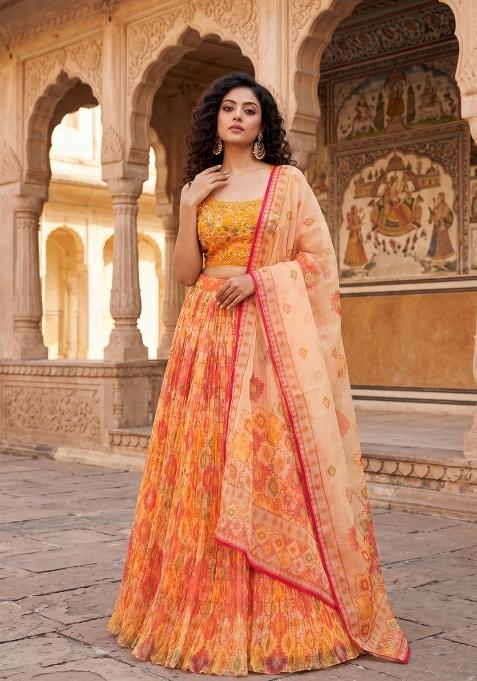 Yellow Embroidered Organza Lehenga Set