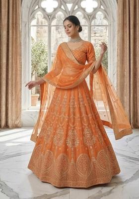 Orange Embroidered Georgette Lehenga Set