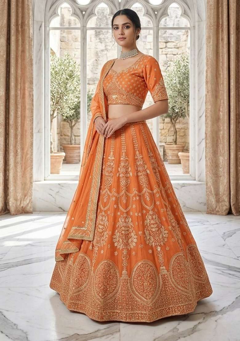 Orange Embroidered Georgette Lehenga Set for Diwali and Festive Wear - Indya