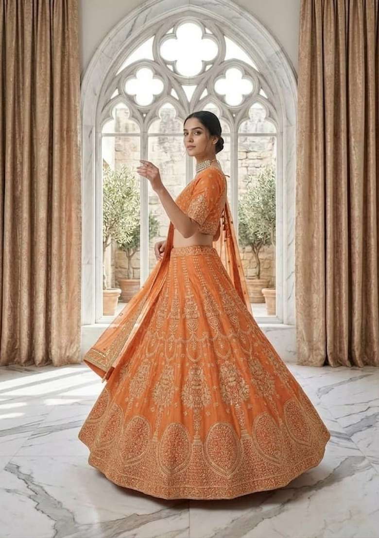Orange Embroidered Georgette Lehenga Set for Diwali and Festive Wear - Indya