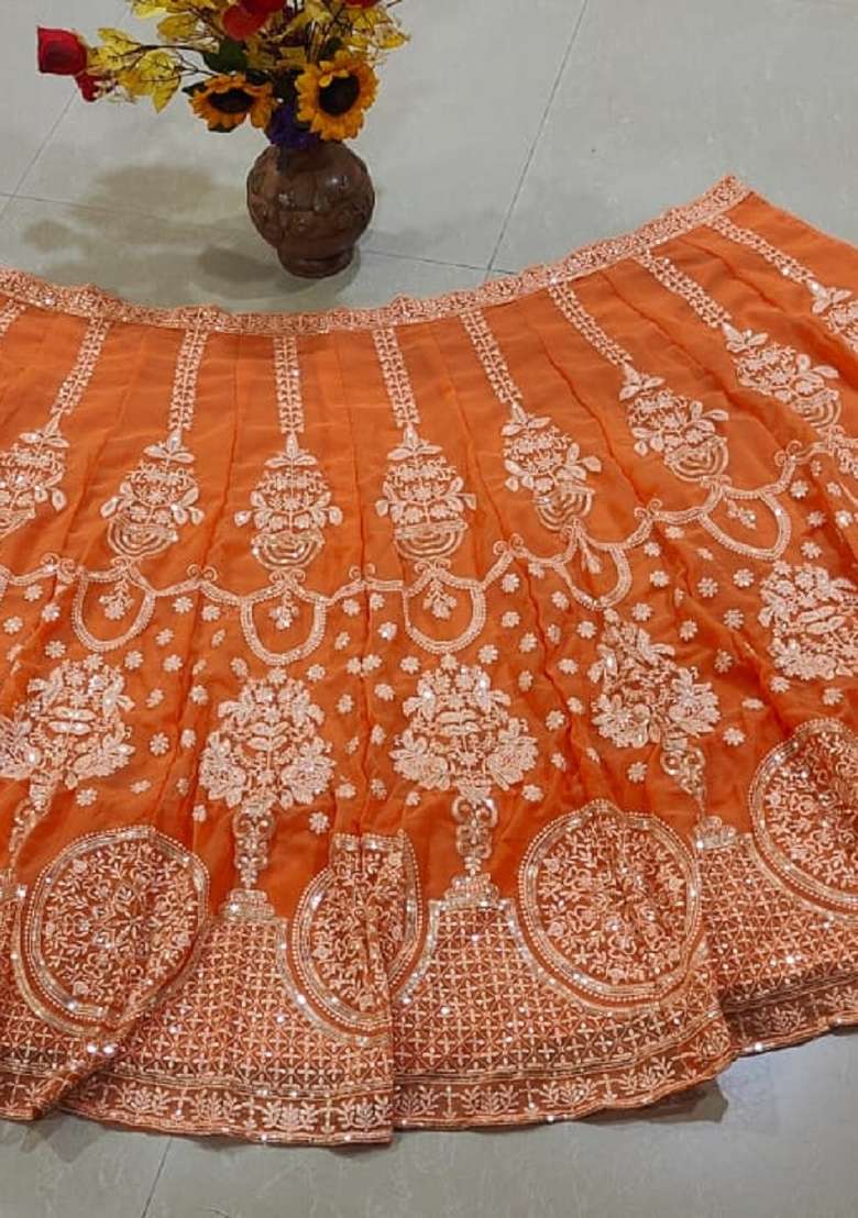 Orange Embroidered Georgette Lehenga Set for Diwali and Festive Wear - Indya