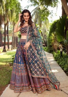 Blue Emboidered Chinon Lehenga Set