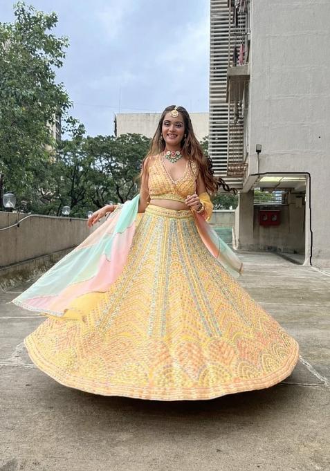 Yellow Emboidered Silk Blend Lehenga Set