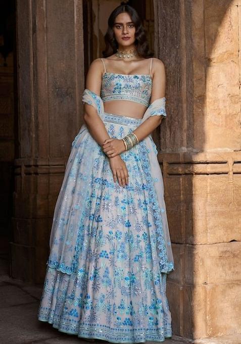 Ice Blue Emboidered Georgette Lehenga Set