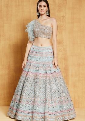 Sea Green Thread Work Silk Blend Lehenga Set