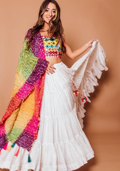 White Emboidered Georgette Chaniya Choli Set For Navratri And Garba