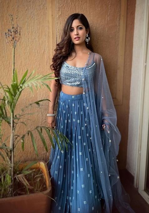 Dusty Blue Emboidered Georgette Lehenga Set