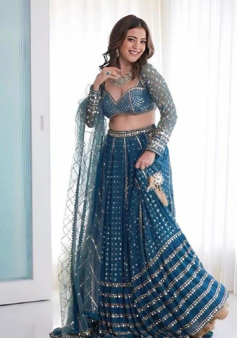 Peacock Blue Emboidered Georgette Lehenga Set