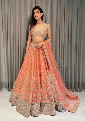Peach Orange Emboidered Silk Lehenga Set