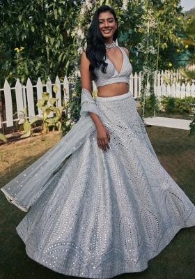 Steel Grey Emboidered Silk Lehenga Set