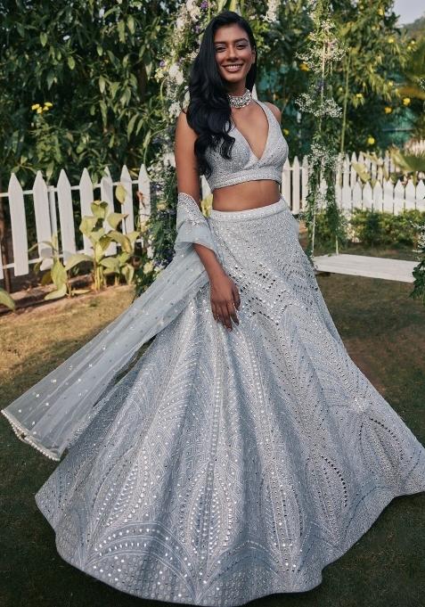 Steel Grey Emboidered Silk Lehenga Set