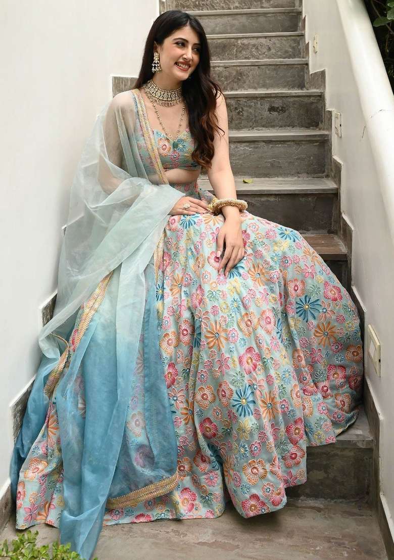 Pastel Blue Silk Blend Lehenga Set with Printed for Diwali | Wedding & Festive Wear - Indya